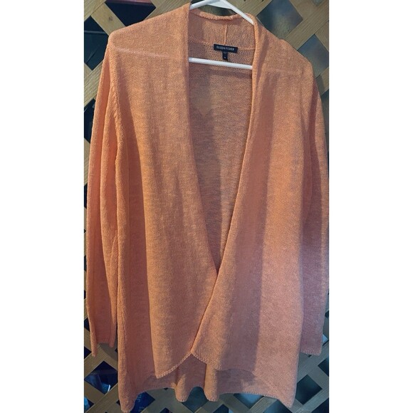 EILEEN FISHER coral orange linen blend open front cardigan Sz M - Picture 4 of 9
